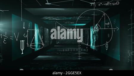 Image of mathematical formulae over a tunnel of mathematical equations floating on walls Stock Photo