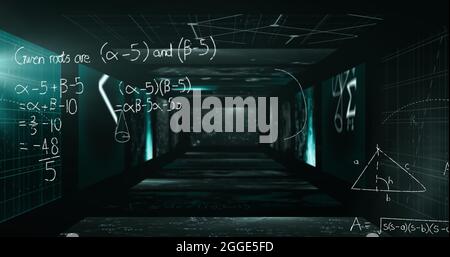 Image of mathematical formulae over a tunnel of mathematical equations floating on walls Stock Photo