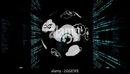 Image of a rotating icons globe over information scrolling on background Stock Photo