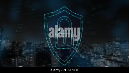 Security padlock icon against cityscape Stock Photo