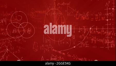 Image of mathematical formulae with data processing and information flowing on red background Stock Photo