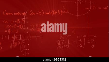Image of mathematical formulae with data processing and information flowing on red background Stock Photo