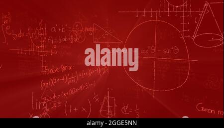 Image of mathematical formulae with data processing and information flowing on red background Stock Photo