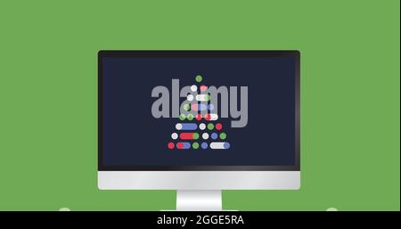 Digital Christmas tree on computer screen against green background Stock Photo
