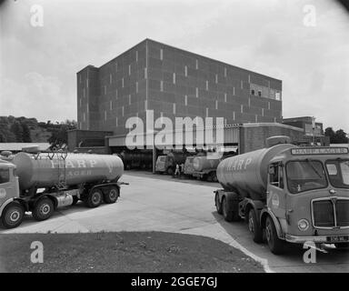 A view of tankers parked outside the new Harp Lager Brewery. The new brewery for Harp Lager at Manor Park was built by Laing with the design of the project being carried out by architects and engineers from the Group Technical Services, working with engineers from Arthur Guinness, Son and Company Limited. John Laing Construction Ltd began the building work in 1961 and the brewery was opened on 28th June 1963. The brewery was taken over by Bass in 1979, then later by Molson Coors, subsequently closing in 2015. Stock Photo