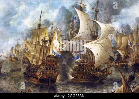 The Battle of Terheide 10 August 1653 by Jan Abrahamsz. Beerstraten, 1653 - 1666 Dutch, The Netherlands. ( war fought with England. .  center of the painting, the largest ship of the Dutch fleet, Admiral Maerten Harpertsz Tromp's Brederode, The Netherland, Holland. Stock Photo