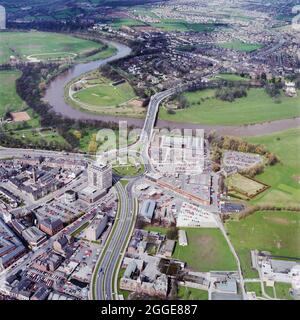 An aerial view looking north-east towards the Eden Bridge in Carlisle, showing 'The Sands Centre' on the right of the Hardwicke Circus roundabout. This image was catalogued as part of the Breaking New Ground Project in partnership with the John Laing Charitable Trust in 2019-20. Stock Photo
