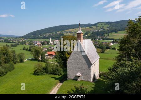 UAV recording, Konradkirche in Oberwang, Salzkammergut, Upper Austria, Austria Stock Photo