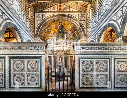 Choir screens and apse with mosaic of Christ as Pantocrator between the Virgin Mary and Saint Minias, 1260, choir room, San Miniato al Monte Stock Photo