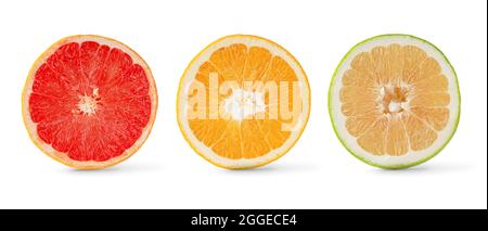 Citrus fruits halves collection of grapefruit, orange and sweetie isolated on white background. Stock Photo