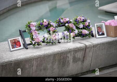A wreath depicting 1935, the number of drug overdose deaths in Scotland, is laid outside the Scottish Parliament, Edinburgh, to mark International Overdose Awareness Day. Picture date: Tuesday August 31, 2021. Stock Photo