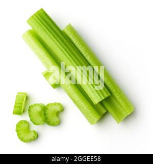 Heap of celery sticks isolated on white background, top view Stock Photo