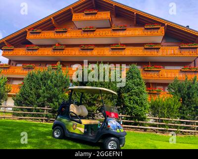 Golf Cart in Crans Sur Sierre Golf Course in Crans Montana in Valais, Switzerland. Stock Photo
