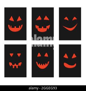 halloween pumpkin face jack-o-lantern on black greeting cards. Stock Vector
