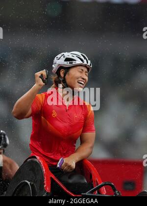 Tokyo, Japan. 31st Aug, 2021. Zhou Zhaoqian of China celebrates after the women's T54 class 1500m final of athletics event at the Tokyo 2020 Paralympic Games in Tokyo, Japan, Aug. 31, 2021. Credit: Hu Huhu/Xinhua/Alamy Live News Stock Photo