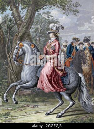 Princess Wilhelmina of Prussia, Princess of Orange, full name Frederika Sophia Wilhelmina, 1751 - 1820.  Wife of William V, Prince of Orange.  After an equestrian portrait engraved by Reinier Vinkeles based on the painting by Tethart Philip Christian Haag. Stock Photo