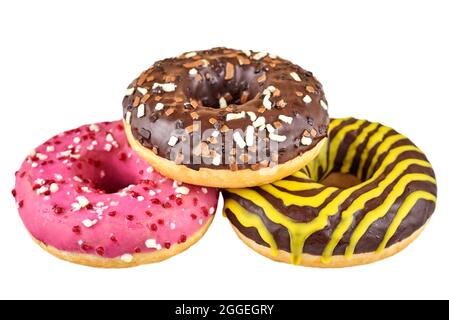 Three donuts isolated on a white background. Stock Photo