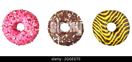 Three donuts isolated on a white background. Stock Photo