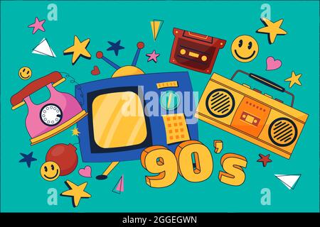 Hand drawn flat nostalgic 90s background Vector illustration. Stock Vector