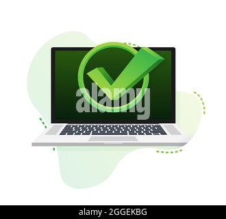 Laptop with checkmark or tick notification in bubble pattern. Approved choice. Accept or approve checkmark. Vector illustration. Stock Vector