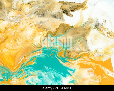 Turquoise wave with yellow abstract sea and sand, creative hand painted background, marble texture, abstract ocean, acrylic painting on canvas. Modern Stock Photo