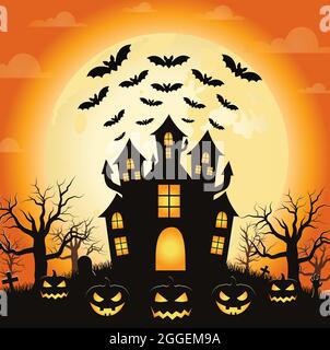 Halloween vector illustration. Spooky Halloween banner background with bats, moon, castle, cemetery and pumpkins. Creepy night background. Stock Vector