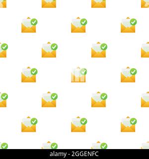 Opened envelope and document with green check mark pattern. Verification email. Vector illustration. Stock Vector