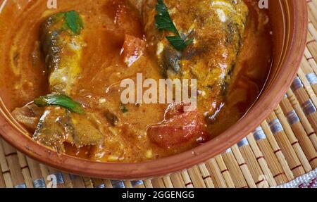 Peanut butter soup and fried mackerel ,West African Peanut Soup Maafe – Nigerian Style Stock Photo