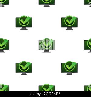 Monitor with checkmark or tick notification in bubble pattern. Approved choice. Accept or approve checkmark. Vector illustration. Stock Vector