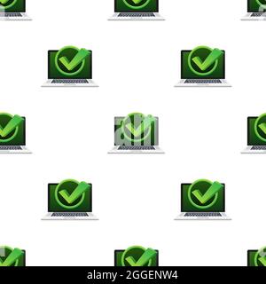 Laptop with checkmark or tick notification in bubble pattern. Approved choice. Accept or approve checkmark. Vector illustration. Stock Vector