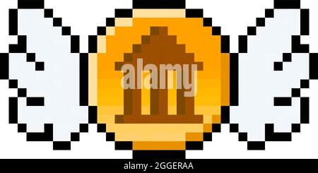 Pixel 8 bit government coin with wings - vector, isolated Stock Vector