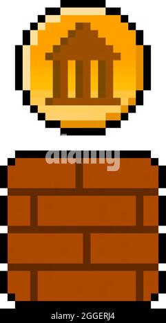 Pixel 8 bit government coin from gaming block - vector, isolated Stock Vector