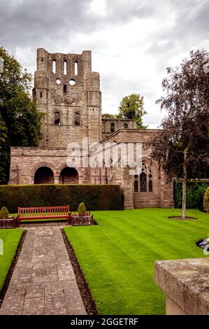 The ruins of the ancient abbey founded in 1243 tower over the  Roxburghe Aisle cloister which serves as a burial vault for the Dukes of Roxburghe Stock Photo