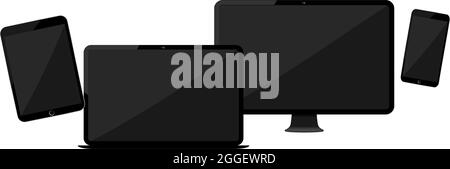 Realistic black laptop,smartphone, tablet with black screen and shadow. Can use for project, presentation. Blank device mock up. Vector illustration Stock Vector