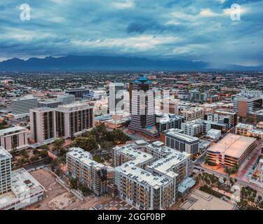 Drone view of downtown Tucson, Arizona at dusk Stock Photo