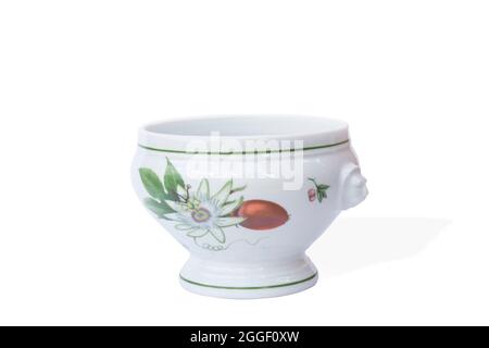 Floral patterned porcelain sugar bowl with lid. white background. isolated. selective focus. Stock Photo