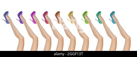 Glamorous collage of female legs wearing colorful heels isolated on white background Stock Photo