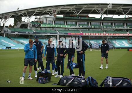 England players looking at a schedule board during a nets session at the Kia Oval, London. Picture date: Tuesday August 31, 2021. Stock Photo