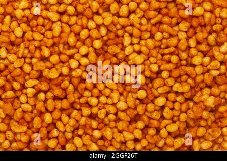Close-up of crunchy masala boondi Indian namkeen (snacks)  Full-Frame Background. Top View Stock Photo