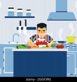 Man cooking in the kitchen. Cutting vegetables with pans over the fire in the background. Stock Vector