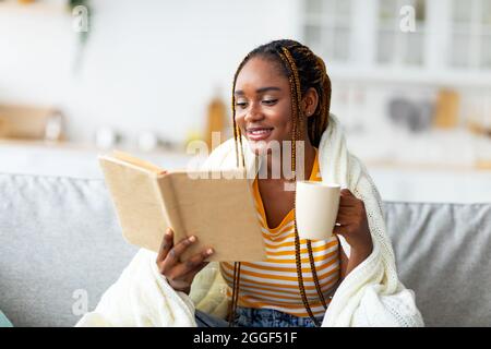 African Young Woman Reading Book Drinking Cup Coffee Sticking