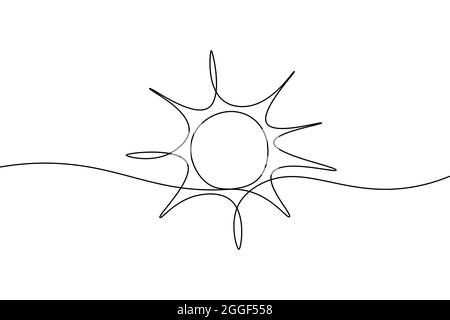 Continuous line sun art. Single line sketch sunny summer travel concept. Icon hot bright sky weather happy holiday vacation element vector Stock Vector