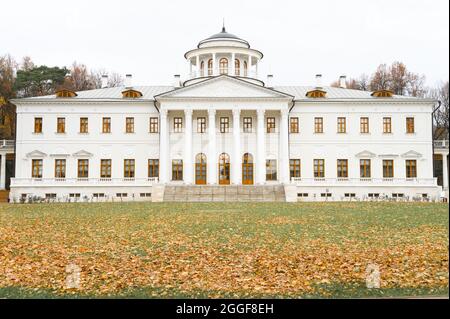 white building of the estate with columns and autumn fallen leaves of a maple tree on the ground in fall park Stock Photo