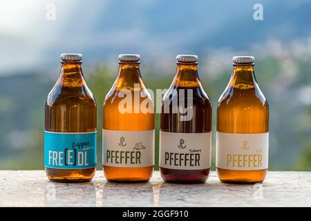 Four different types of bottled beer from the Pfefferlechner home brewery in Lana, South Tyrol, Italy Stock Photo