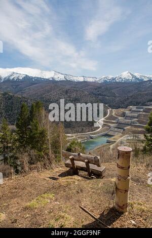 View of the reserve spillway at the Sayano Shushenskaya HPP. Stock Photo