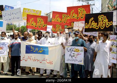 Terminated Employees of Sui Southern Gas Company (SSGC) are holding protest demonstration against unemployment and price hiking, at Lahore press club on Tuesday, August 31, 2021. Stock Photo