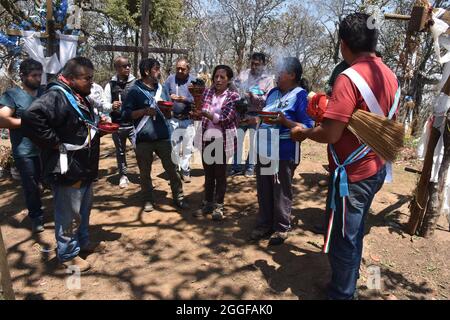 Graniceros, traditional Mexican shamans, perform a petición de lluvia—a ritual to petition indigenous gods for rain. Stock Photo