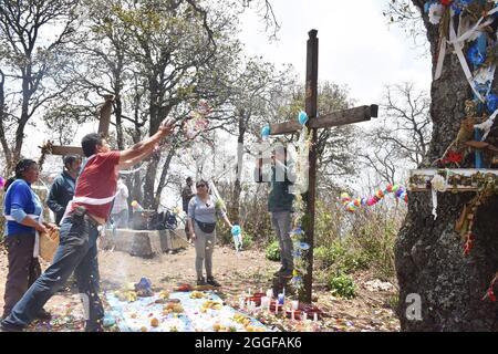 Graniceros, traditional Mexican shamans, perform a petición de lluvia—a ritual to petition indigenous gods for rain. Stock Photo