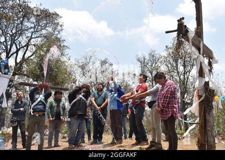 Graniceros, traditional Mexican shamans, perform a petición de lluvia—a ritual to petition indigenous gods for rain. Stock Photo