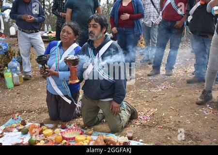 Graniceros, traditional Mexican shamans, perform a petición de lluvia—a ritual to petition indigenous gods for rain. Stock Photo